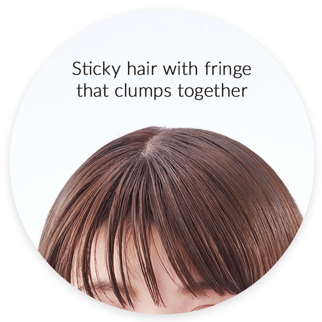Sticky hair with fringe that clumps together